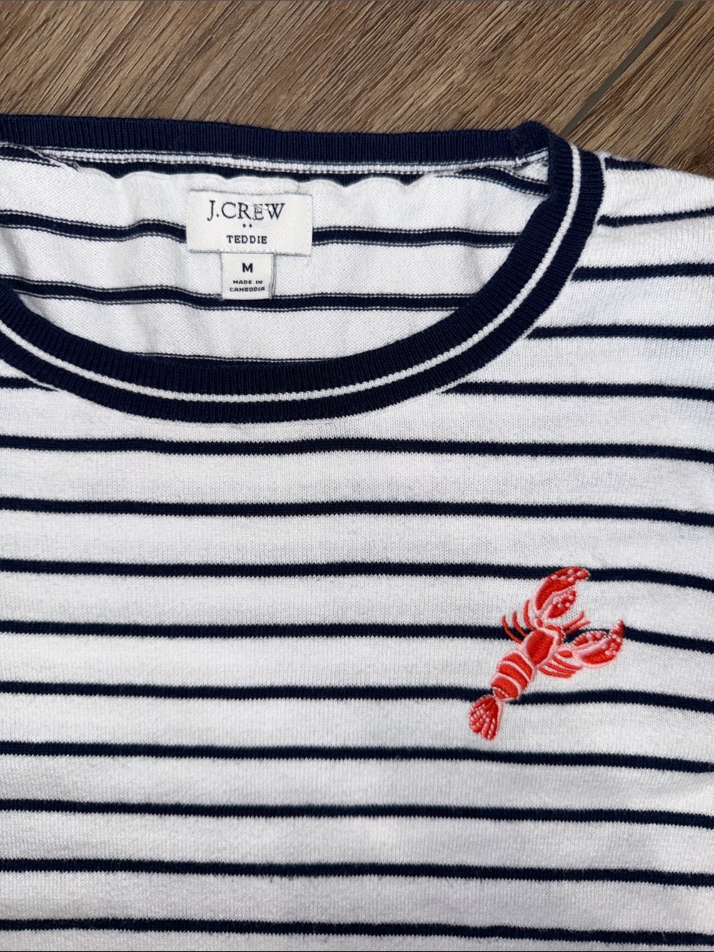 J. Crew White and Navy Striped Sweater with Red Lobster Emblem - Picture 2 of 4